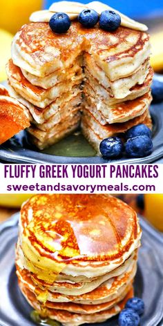 fluffy greek yogurt pancakes with blueberries and maple syrup are the perfect breakfast or brunch