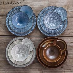 four different kinds of plates and bowls on a wooden table with the words kingang