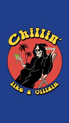 the logo for chillin like a queen with a skeleton sitting on a beach chair