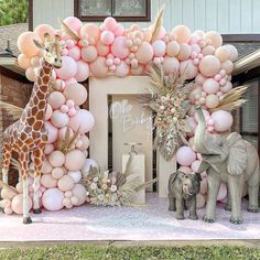 an elephant and giraffe stand in front of a balloon arch