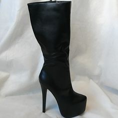 New Faux Leather Full Zipper Closure Heel Height. 6.5" Platform Height 2.5" Shaft 17" Inches Long Circumference 13" For A Size 7.5 Boots Sparkle-327 Diamond Black Platform Boots With Zipper For Night Out, Punk Style Platform Boots With Zipper For Party, Edgy Faux Leather Knee-high Boots For Club, High Cut Faux Leather Boots For Party, Black Polyurethane Platform Boots For Club, Punk Style Faux Leather Boots For Club, Black Faux Leather Platform Boots With Zipper, Edgy Faux Leather Platform Boots For Club, Leather Platform Boots With Zipper For Night Out