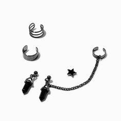 Create a unique EarPrint of your own with this cuff earrings stackables set. The black-tone set has star and mystical gem designs and includes an ear cuff connector to a stud earring, a coordinating stud earring, a star stud earring, and two ear cuffs.Pack Size: 5 Finish: Black-toneClosure: Post back, CuffMaterial: Metal - Claire's Black Mystical Gem & Star Connector Cuff Earrings Stackables - 5 Pack Black Piercings, Goth Earring Stack, Emo Earrings, Black Star Earrings, Black Star-shaped Earrings For Pierced Ears, Silver Star Gothic Earrings, Gothic Star-shaped Metal Earrings, Crown Hair Clip, Earring Cuff Chain