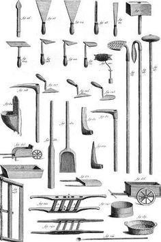 an old illustration of various tools and equipment used in the early 20th century to make furniture