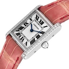 Cartier Tank Louis White Gold Diamond Pink Strap Ladies Watch WJTA0011 Box Papers. Manual winding movement. 18k white gold case 29.5 x 22.0 mm. Circular grained crown set with diamond. Original Cartier factory diamond bezel. Scratch resistant sapphire crystal. Silver guilloche dial with black roman numerals. Sword shaped blue hands. Secret Cartier signature at X. Pink leather strap with 18K white gold deployant buckle. Cartier Rectangular Watch Accessories For Anniversary, Engraved Watch With Rectangular Dial For Anniversary, Engraved Watches With Rectangular Dial For Anniversary, Classic White Gold Rectangular Jewelry And Watches, Cartier Rectangular Watch For Anniversary, Cartier Rectangular Watches With Polished Finish, Cartier Rectangular Yellow Gold Diamond Watch, Rectangular Cartier Watch For Anniversary, Luxury Platinum Watches For Gifts