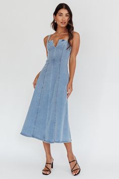 Shop the Catch My Drift A-Line Midi Dress Denim Blue | Selfie Leslie Blue Selfie, Selfie Leslie, Yellow Bridesmaids, Red Bridesmaids, Denim Midi Dress, Denim Dresses, Dress Denim, Tan Heels, Feminine Silhouette