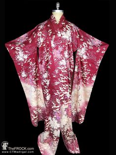 "www.TheFROCK.com www.CTMadrigal.com www.amazon.com/author/ctmadrigal Vintage silk furisode kimono robe, coat, or dressing gown with beautifully illustrated geese and flower blossoms throughout. Silk interior. Condition is excellent with only age-appropriate wear. Measures about 47\" around where tied and 65\" long. Layaway is available. Age-appropriate wear on vintage and antique kimonos may include slight color variation or bleed on vintage and antique hand-dyed kimono textiles, light soil and Vintage Long Red Kimono, Vintage Red Long Kimono, Red Long Sleeve Kimono With Floral Print, Red Floral Print Long Sleeve Kimono, Red Long Sleeve Wedding Robe, Red Long Kimono For Wedding, Long Red Kimono For Wedding, Furisode Kimono, Vintage Fur