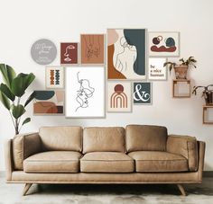 a couch sitting in front of a wall with pictures on the wall and a potted plant next to it