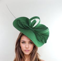 Bright Emerald Green Statement Fascinator Womans Hat Kentucky Derby Oaks  Ascot Weddings Garden Cocktail Tea Parties Church Hatinator Avery Kentucky Derby Fascinator Free form emerald green base trimmed with bow loops and a quill Base measures 14 inches wide This bright green fascinator is mounted with a matching headband. If you prefer a headband to match your hair, please make a note at check out what colour headband you want. This green fascinator is perfect for any special occasion like a we Green Derby Hat, Green Structured Crown Mini Hat For Kentucky Derby, Green Mini Hat With Structured Crown For Kentucky Derby, Green Structured Mini Hat For Kentucky Derby, Green Wide Brim Fascinator For Wedding, Green Wide Brim Mini Hats For Wedding, Green Mini Hat With Curved Brim For Wedding, Fitted Green Top Hat For Garden Party, Derby Hats Diy Ideas