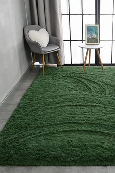 a living room with a green rug and two chairs in front of a large window