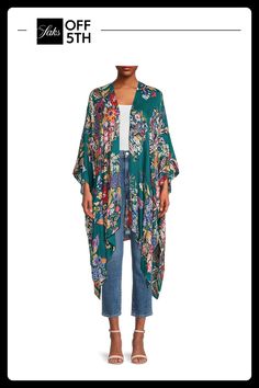 Draped In A Colorful Floral Pattern, This Layering Piece Features A Flowy Asymmetric Silhouette With Kimono Sleeves. Designed With Versatility That Can Be Styled According To Your Mood. Open Front Long Kimono Sleeves Asymmetrical Hem Rayon Hand Wash Imported Size & Fit About 44 From Shoulder To Hem Model Shown Is 5'10" (177 Cm). Center Core - Soft Accessories > Saks Off 5th. Saachi. Color: Blue Multi. Beachwear Fashion, Things To Sew, Long Kimono, Floral Kimono, Asymmetrical Hem, Layering Pieces