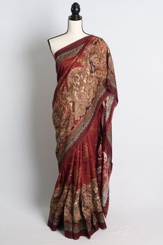 Kalamkari Printed Eri Silk Saree in Brown Shipped from USA, Kalamakri Saree , Bengal Looms by BengalLooms on Etsy Dark Brown Blouse, Kalamkari Print, Simple Saree Designs, Simple Sarees, Kalamkari Saree, Brown Blouse, Casual Saree, Indian Sarees, Ethnic Wear