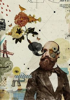 a collage with an image of a man in a suit and flowers on his head