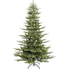 a small christmas tree on a stand with white lights in the center and green needles