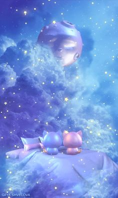 an image of two cats sleeping on a bed in the sky with stars and clouds