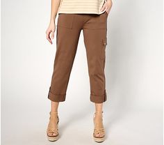 Susan Graver Premium Stretch Crop Pants - QVC.com Cropped Utility Bottoms For Fall, Fall Cropped Utility Bottoms, Casual Cotton Pants With Rolled Hem, Spring Cotton Cargo Pants In Athleisure Style, Trendy Cotton Capris For Work, Casual Cropped Bottoms For Fall, Sporty Cropped Cotton Bottoms, Spring Workwear Cargo Pants With Cuffed Ankles, Casual Cropped Bottoms With Cargo Pockets