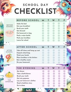 the back to school checklist is shown with monsters and other things on it's side