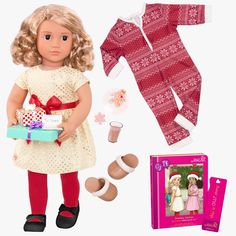 the doll is holding a gift box and it's contents are in front of her