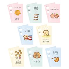 six postcards with different types of food and words on them, all in pastel colors