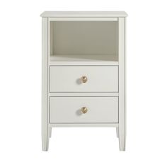 a white night stand with two drawers on each side and gold knobs at the bottom