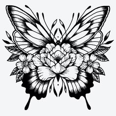 a black and white drawing of a butterfly with flowers on it's back wing