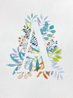 the letter a is surrounded by colorful leaves and berries in watercolor on white paper