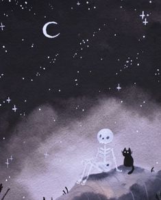 a painting of a skeleton sitting on top of a hill next to a black cat