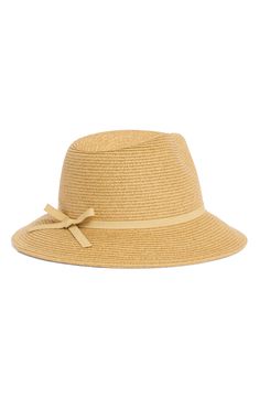 A contrast ribbon and a bow adds charming detail to a woven fedora hat that offers a polished appearance and essential sun protection. Paper/polyester Imported Spring Straw Boater Hat With Bow, Spring Straw Sun Hat With Bow, Spring Boater Hat With Curved Brim And Bow, Spring Boater Hat With Bow And Curved Brim, Spring Curved Brim Boater Hat With Bow, Spring Straw Hat With Bow And Short Brim, Spring Straw Hat With Bow, Spring Fedora Sun Hat With Bow, Spring Wide Brim Straw Hat With Bow