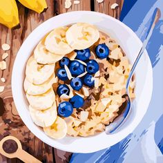 a bowl of oatmeal with blueberries and banana slices on the side