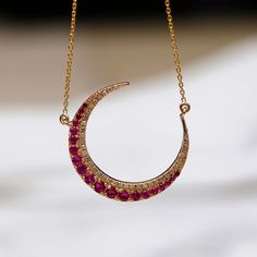 "Solid 14k Yellow Gold Precious Ruby Gemstone Pave Diamond Designer Crescent Moon Pendant Chain Necklace Jewelry Gift For Her NEMJ-632 14k Gold Pendant Necklace. Pave Diamond Pendant. Precious Ruby Gemstone Jewelry. 14k Yellow Gold Jewelry. Chain Necklace Jewelry. Crescent Moon Pendant For Gift. Gift For Her. 25x25 MM Pendant Size / 16\" Chain (2\" Adjustable Included) Here Are Some Amazing Ways To Take Care Of Your Precious Diamond Jewelry. Always. * Apply lotion, cosmetics, hairspray, and perf Fine Jewelry Crescent Gemstone Piece, Fine Jewelry Crescent Gemstone, Fine Jewelry Crescent Moon Charm Necklace, Fine Jewelry Moon Charm Round Necklace, Luxury Crescent Necklace For Anniversary, Yellow Gold Moon-shaped Gemstone Jewelry, Yellow Gold Moon Shaped Gemstone Jewelry, Gold Jewelry Chain, Crescent Moon Pendant