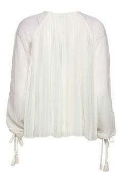 Go for a dreamy vibe with this silky peasant top from Rebecca Minkoff! Made with a tied cuff design, this pleated beauty will seriously add some romantic style to any pair of jeans, midi dress or shorts. Size M 100% Polyester V-neckline with tassel ties Accordion pleats Long puff sleeves with tie cuffs Sheer overlay Some wear on tie cuffs Waist 34" Total length 24" Elegant Ruffled Tops For Gatherings, Chic Pleated Silk Top, Elegant Long Sleeve Blouse For Gatherings, Chic Silk Pleated Top, Flowy Blouse With Smocked Cuffs For Spring, Spring Flowy Blouse With Gathered Sleeves, Chic Blouse For Gatherings, Spring Flowy Tie Neck Blouse, Flowy Tie Neck Blouse For Spring