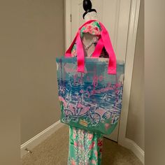 Lilly Pulitzer Perfect Beach Bag With Illustrations Of Bike And Sailboats. Nwot Pink Tote Bag For Vacation, Pink Travel Bag For Vacation, Pink Packable Travel Bag, Casual Pink Beach Bag For Vacation, Pink Tote Beach Bag For Travel, Pink Beach Bag For Spring Travel, Pink Packable Beach Bag, Pink Travel Bags For Beach Season, Pink Beach Bag For Daily Use During Beach Season