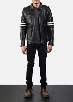 This Dragonhide Black Leather Jacket is armed for action. Made in a sheepskin leather that has a quilted viscose lining, having a shirt style collar, zippered cuffs and front closure and incredible detail that include shoulder epaulettes, two inner and three outer pockets that collectively make this awesome wardrobe staple a unique piece for men all over the world. Fitted Black Leather Jacket With Leather Lining, Combat Boot Outfits, Leather Jacket Outfit Men, Leather Jacket For Men, Shoulder Epaulettes, Brown Leather Coat, Designer Leather Jackets, Biker Coat, Black Leather Biker Jacket