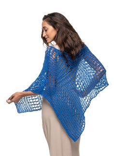 The Knitted Asymmetrical Poncho Big Hole is a versatile piece to have in your wardrobe. It is one piece cut on an angle and covers one side of the body. It is a old vintage fish netting design with an updated twist. This style can be worn dressy or casual and pairs well with dresses, skirts or almost anything. It is made of a super soft big hole single knit. It is loose but still lays snuggly on the body with its see through silhouette. It is a one size fits most garment. Available in a beautifu Beach Open Knit Poncho One Size, Beach Poncho In Open Knit One Size, Beach Poncho With Open Knit One Size, Open Knit Poncho For Beach, Blue Shawl Poncho For The Beach, Blue Shawl Poncho For Beach, Hoodies Mens, Maternity Swimwear, Vintage Fishing