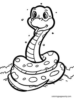 a cartoon snake with its tongue out and eyes wide open, sitting on the ground