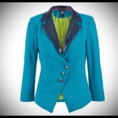 Iron Fist Women’s Starstruck Turquoise Blazer Turquoise Outerwear For Work In Fall, Turquoise Long Sleeve Outerwear For Work, Fitted Turquoise Outerwear For Winter, Turquoise Blazer, Iron Fist, Lace Back, Blazer Buttons, Suit Jackets, Blazer Suit