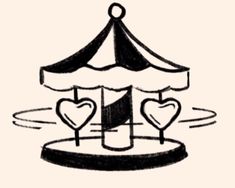 a black and white drawing of a carousel with two hearts on it's side