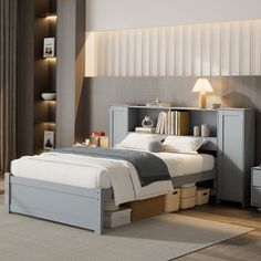 a bedroom with a bed, night stand and nightstands in grey color on the floor