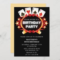 a birthday party card with playing cards on it