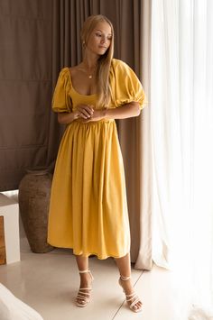 Cherie Maxi Dress. – ELF Spring Vacation Puff Sleeve Dress With Square Neck, Knee-length Puff Sleeve Dress For Summer Vacation, Casual Summer Puff Sleeve Dress With Gathered Sleeves, Summer Puff Sleeve Dress With Square Neck For Vacation, Casual Square Neck Puff Sleeve Summer Dress, Casual Puff Sleeve Dress With Square Neck For Summer, Vacation Midi Dress With Square Neck, Square Neck Linen Midi Dress With Smocked Back, Solid Color Square Neck Midi Dress For Day Out