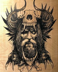 a drawing of a man with horns and skulls on his face, in front of a wooden background