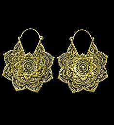 Sold in pairs (2pc). Size: 18G. ASTM f-136 titanium wire. Width: 45mm. Height: 58mm. 10 grams each. Mandala is made from brass. May oxidize under extreme moisture conditions. Gold Metal Plug Earrings For Festivals, Artistic Gold Jewelry For Festivals, Artistic Metal Hoop Earrings Nickel Free, Artistic Nickel-free Metal Hoop Earrings, Artistic Gold Brass Earrings, Gold Colored Copper Earrings For Festivals, Gold Copper Festival Earrings, Gold Copper Earrings For Festival, Hypoallergenic Bronze Brass Earrings