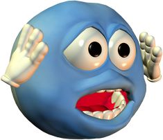 a cartoon blue ball with its mouth open and hands in the air, making an angry face