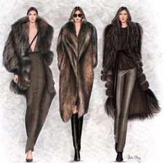 three models in fur coats and pants