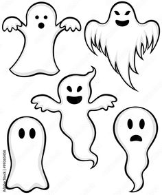 halloween ghost clipart with different faces and expressions for kids to color on the white background