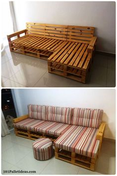 two pictures of different types of furniture made out of wood pallets, one with a couch and the other without