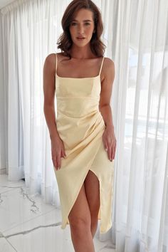 Frances High Neck Soft Satin Midi Dress | Dusty Blue Formal Dresses Yellow, Oh Hello Clothing, Formal Wedding Guest Dress, Formal Wedding Guests, Buttercup Yellow, Yellow Midi Dress, Guest Attire, Dress Dusty, Dress Yellow