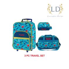 three piece luggage set with name and image