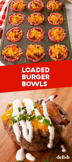 loaded burger bowls are ready to be eaten and put in the muffin tins