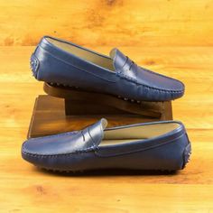 Custom Made Men's Driving Loafer in Navy Blue Painted Calf Leather Blue Round Toe Moccasins For Galas, Elegant Blue Slip-on Moccasins, Blue Almond Toe Moccasins For Business, Business Blue Almond Toe Moccasins, Blue Slip-on Moccasins For Work, Blue Business Loafers With Stitched Sole, Blue Loafers With Stitched Sole For Business, Business Blue Loafers With Stitched Sole, Blue Almond Toe Formal Moccasins