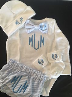 Newborn Baby Boy Monogrammed Bodysuit with Matching Monogrammed Bow tie, Hat and monogrammed diaper cover. **Each item is optional-See package options in the drop down box Bodysuit has a name or 3 letter monogram. If the name is too long, I can only monogram the bow tie and socks. **i primarily use Carter brand Just For You bodysuits that come in whole number sizes but if you prefer the Carter brand Child of Mine that comes in a different sizing number (ex. 0-3, 3-6) just let me know. In the mes Personalized Fitted White Sets, Personalized Fitted White Set, Baby Boy Monogram, 3 Letter Monogram, Boy Monogram, The Carter, Newborn Baby Boy, 3 Letter, Letter Monogram